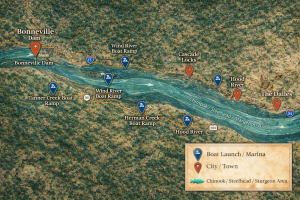 Fishing map of the Columbia River from the Bonneville dam to the Dalles dam